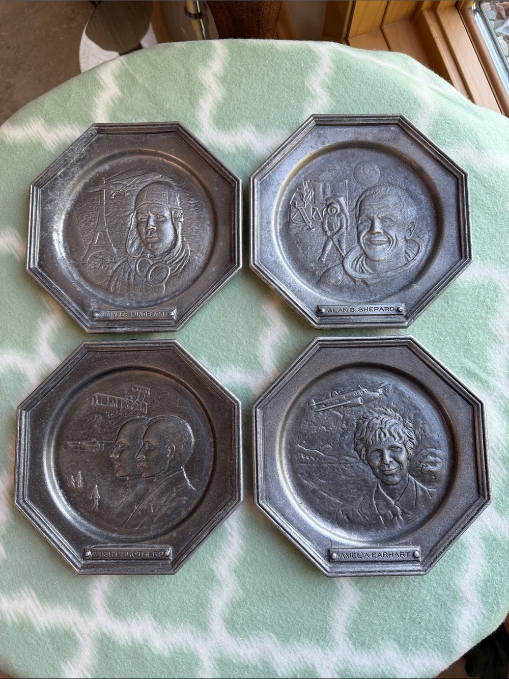 Vintage Set of 4 Octagonal Pewter Commemorative Wall Plates - Aviation Pioneers